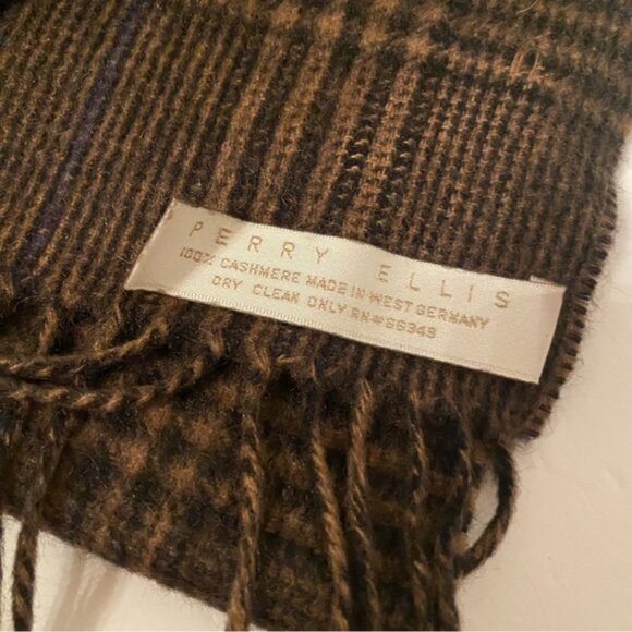 PERRY ELLIS MENS SCARF BLACK BROWN PLAID CASHMERE RECTANGLE FRINGE ACCESSORY - Picture 6 of 6